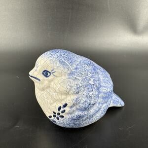 Vintage Dedham Bird Figurine Cobalt Blue & White Ceramic Crackle Glaze Design